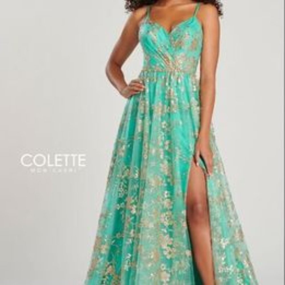 Teal and Gold Floral Prom Dress